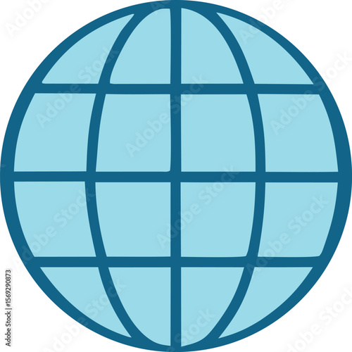 A simple stylized illustration of a light blue globe with dark blue lines representing meridians and parallels set against a white background