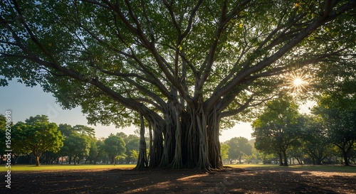 Large Banyan Tree with Aerial Roots in Park