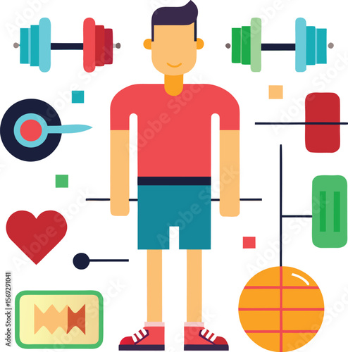 A stylized illustration of a person surrounded by various fitness equipment and health symbols conveying a message of overall well being and active living