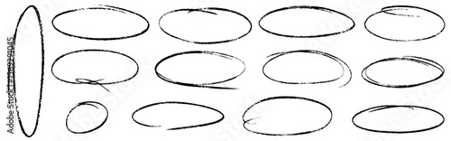 Hand drawn crayon ovals and circles. Ellipses pencil doodle style set. Red round rough thin frames. Round freehand shapes, emphasis highlights. Vector elements for hand drawn diagrams