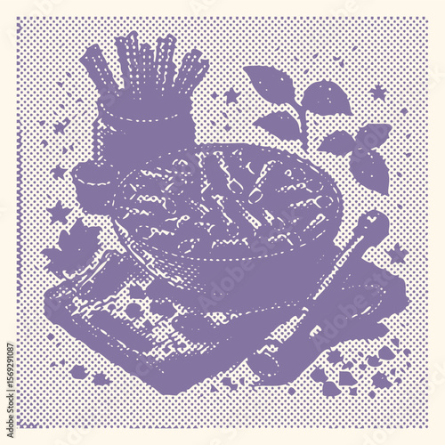 Halftone effect vector illustration of a plate of rigatoni pasta with sauce, Italian food dish, postal stamp style design, vintage textured vector art, detailed linework, culinary cuisine graphic