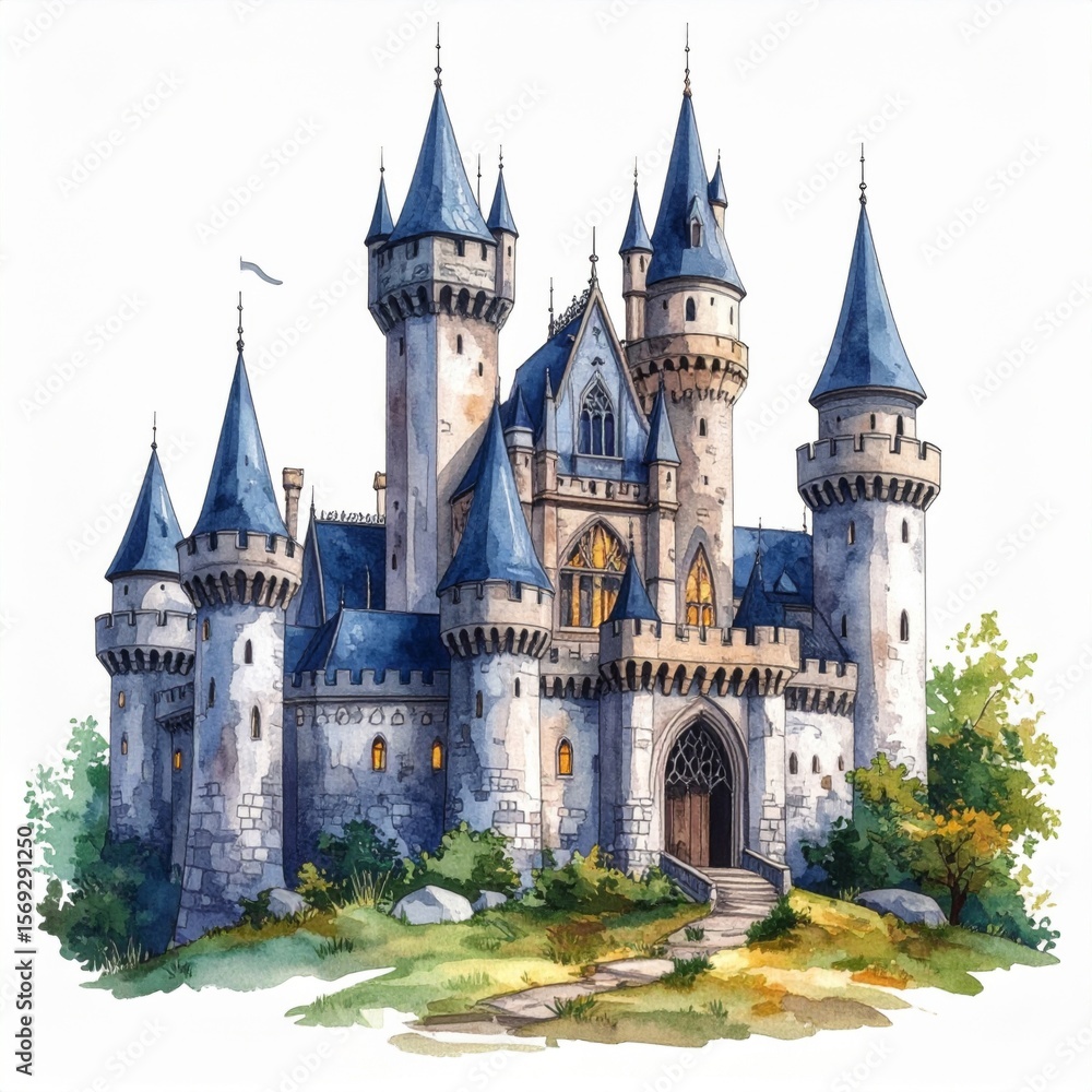 Fototapeta premium Majestic Stone Castle with Blue Towers Watercolor Painting