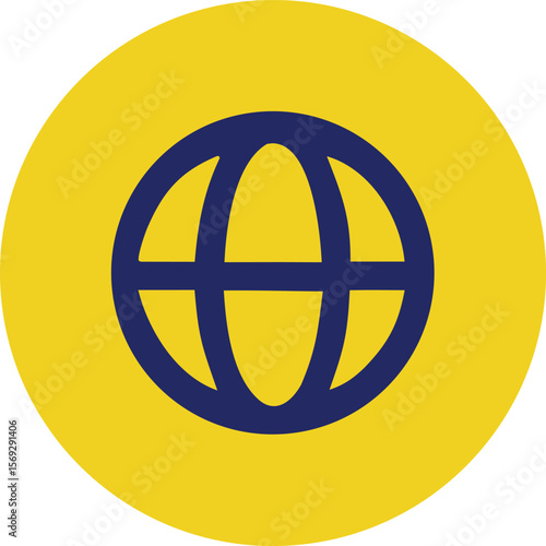 A stylized globe icon with dark blue meridians and parallels on a bright yellow circular background representing global connectivity and communication