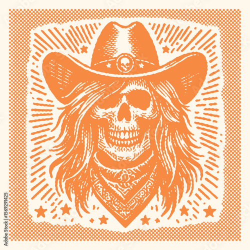 Halftone effect orange skull with hair wearing cowboy hat and bandana vector, postal stamp style design, vintage western tattoo illustration, bold graphic art for apparel and branding projects