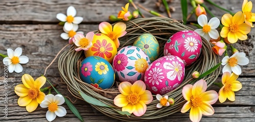 Vibrant decorated eggs nestled amongst spring blooms on rustic green wood, handmade, photography
