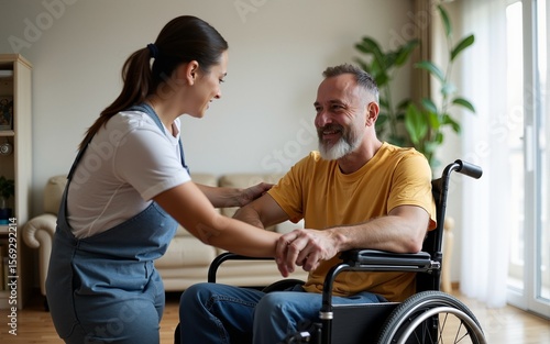 Volunteer helping man in wheelchair at home. High quality