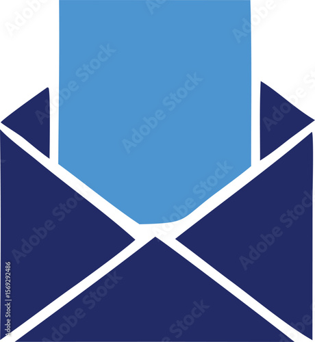 A simple stylized illustration of an open dark blue envelope with a light blue paper insert conveying a message or communication