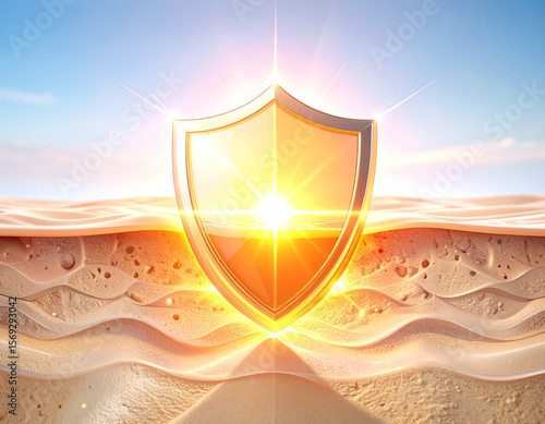 Golden shield protects sun-kissed skin, symbolizing skincare and sun protection.