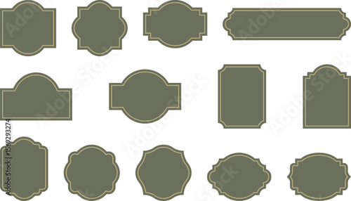 Elegant vintage labels with ornate frames in olive green and gold color. Classic tags with decorative border for handmade branding, natural and organic packaging. Set of vector designs