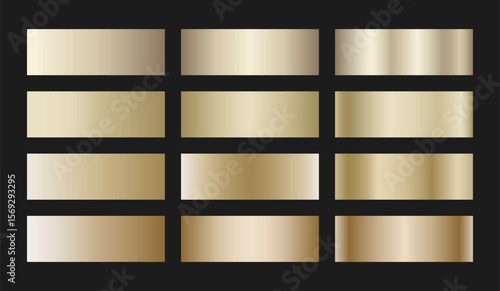 Soft champagne gold gradient swatches collection. Light metallic textures with polished foil shine and satin smooth transitions. Elegant palette for premium and sophisticated designs