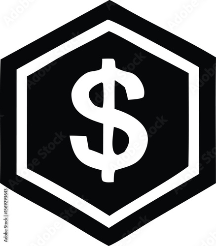 A stylized black hexagon with a thick white border contains a bold white dollar sign at its center representing financial concepts