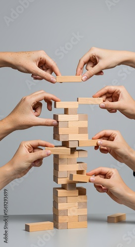  Hands Placing Blocks into a Tower Structure
