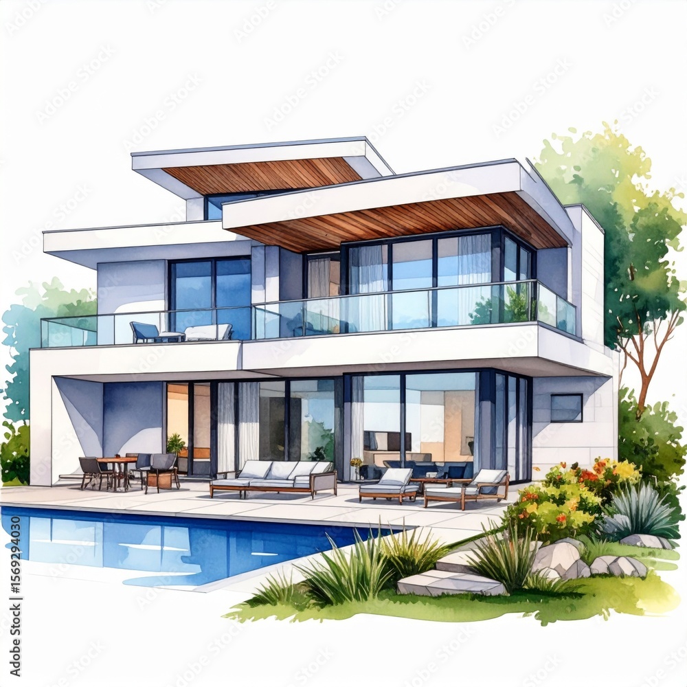 Fototapeta premium Modern White Villa with Pool and Lush Landscaping
