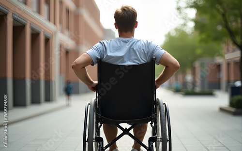 Back view of a man in a wheelchair with a physical disability and mobility disorder. High quality