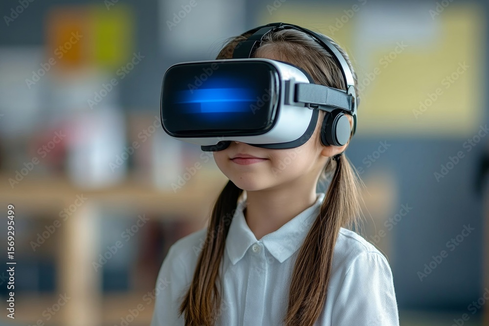 School student with VR headset using AI artificial intelligence technology and machine learning. Interactive technology in the classroom, AI blue hologram in education innovation, Generative AI School student with VR headset using AI artificial intelligence technology and machine learning. Interactive technology in the classroom, AI blue hologram in education innovation, Generative AI