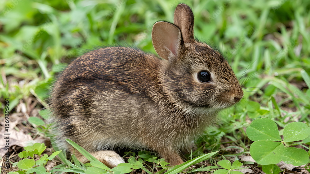 Fototapeta premium Brown rabbit sitting on green grass in a natural setting 