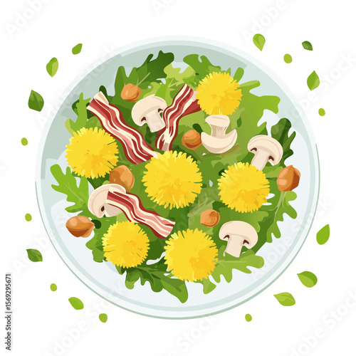 Dandelion salad with arugula, mushrooms, bacon, and hazelnuts on a white plate