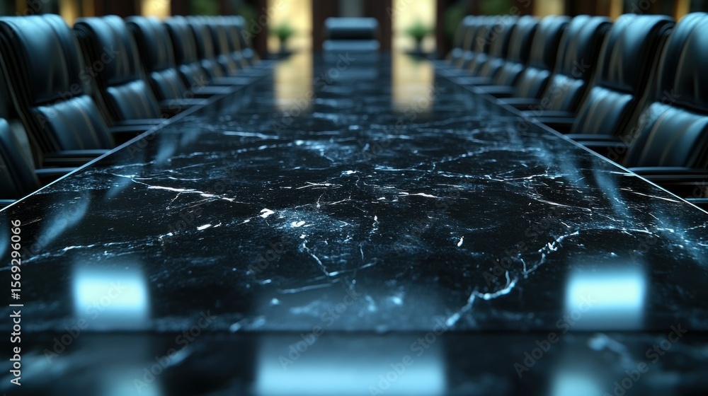 Fototapeta premium Polished black marble conference table, rows of leather chairs