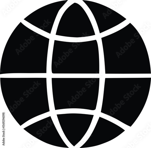 A stylized black and white graphic representation of a globe with intersecting meridians and parallels symbolizing global connectivity and the internet