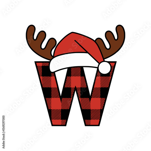 Buffalo plaid Christmas letter W with Santa hat, Holiday-themed letter W in red plaid with reindeer antlers and a Santa hat, perfect for Christmas decorations or festive crafts.

