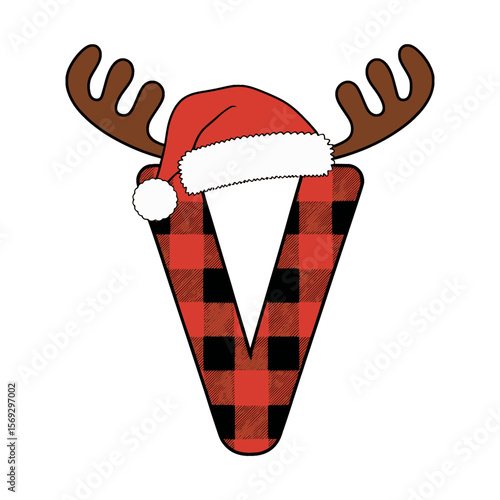 Plaid Christmas letter V with Santa hat and antlers, Festive uppercase letter V in red buffalo plaid, decorated with reindeer antlers and a Santa Claus hat for holiday designs.

