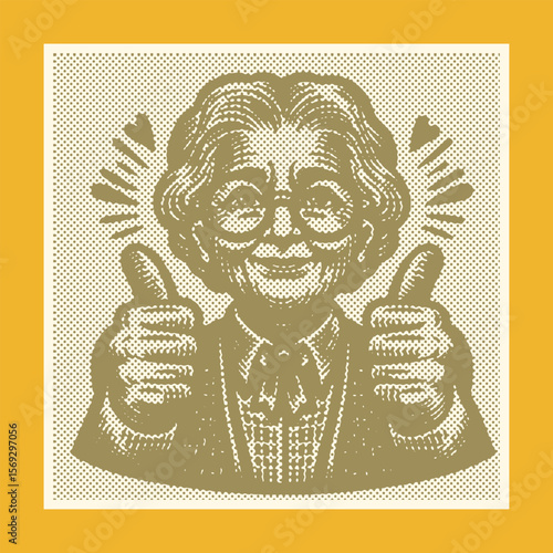 Halftone effect vector illustration of smiling grandma with glasses showing thumb up gesture, retro postal stamp style design, vintage elderly woman positive expression, cheerful senior approval art