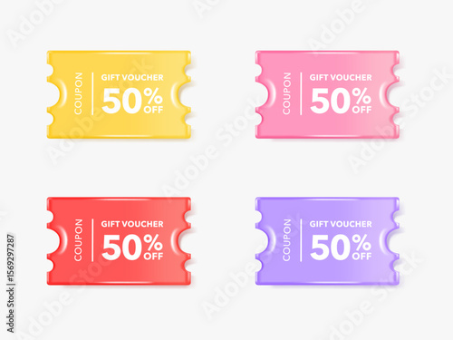 Coupon sale tag label banner. 50 percent discount offer tag with shiny, glossy, reflective surface. Sale price promo sign. Special offer symbol.