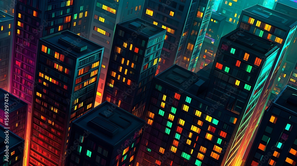 Obraz premium Night Cityscape with Neon Lights, Urban Skyline, and Buildings.