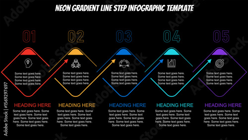 Neon Gradient Line Step Infographic Template. Fully editable modern infographic vector elements SVG file compatible with PowerPoint, Illustrator, and most vector-based applications.