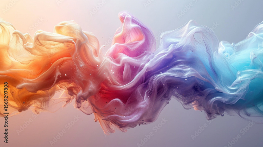 Fototapeta premium creamy rainbow-colored liquid, horizontal sweep intertwined with transparent liquid, white space, smooth movement, weightlessness, surreal beauty 