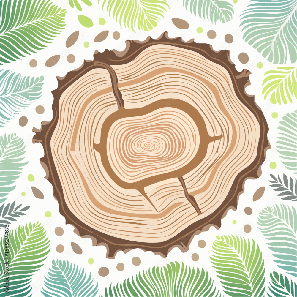 Fototapeta premium Wood Slice and Leaves Illustration
