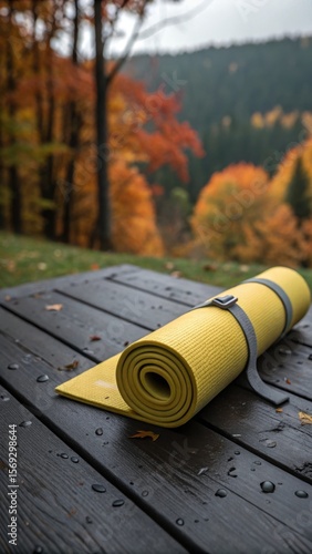 A rolled yellow yoga mat rests on a wet wooden table with a backdrop of autumn foliage and trees