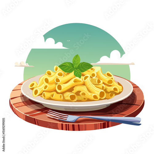 Pasta dish with basil on wooden board vector image