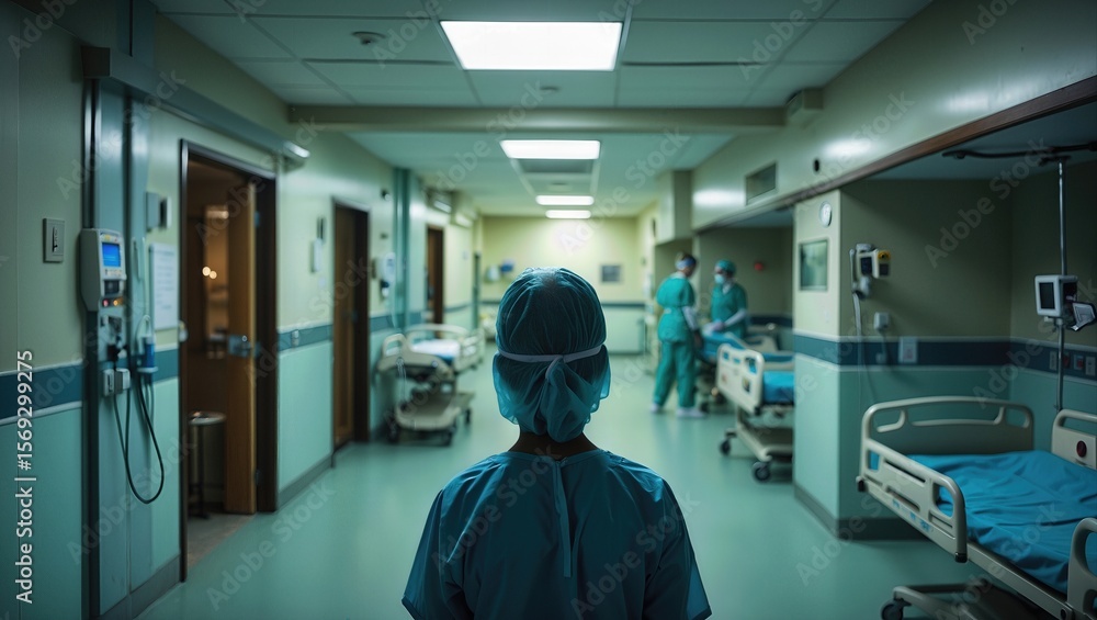 A healthcare professional observing the busy hospital corridor with medical staff attending to patients A healthcare professional observing the busy hospital corridor with medical staff attending to patients