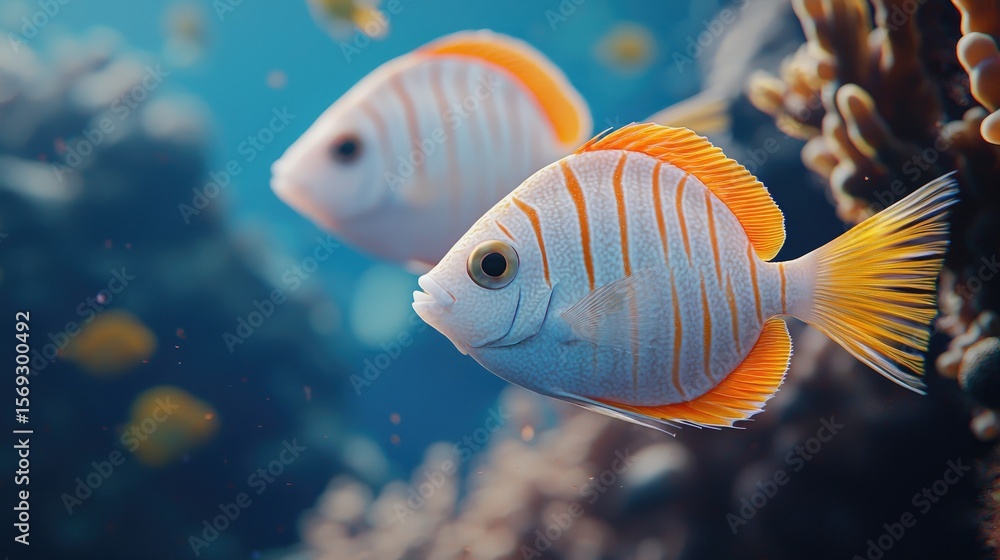 Fototapeta premium Two colorful fish swim near a coral reef.