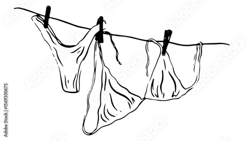 Drying swimsuit hanging on a rope.  Bra and panties underwear laundry on the clothesline, summer beach bikini linocut doodle. Italian summer vacation doodle style illustrations.