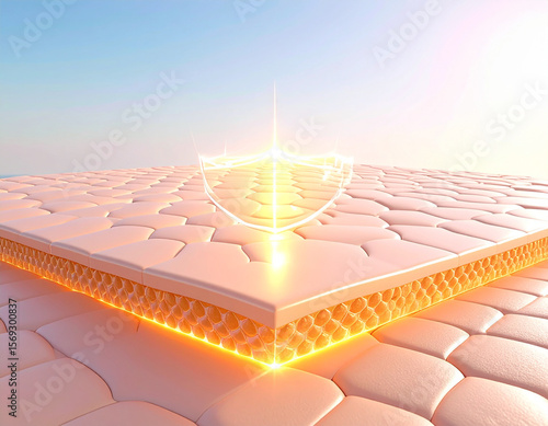Skin layers illustration with a glowing protective barrier on the surface against a blue sky background.