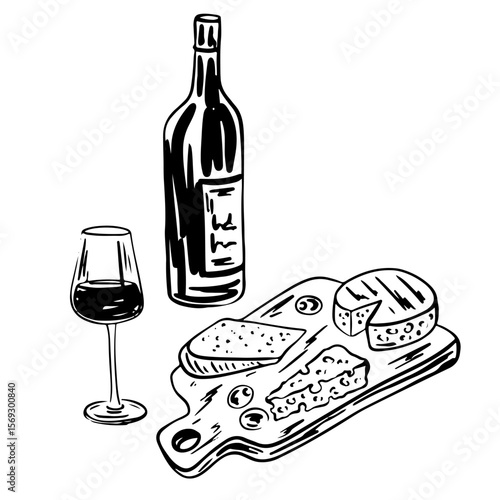 Hand drawn charcuterie and wine. Antipasto appetizer menu, charcuterie, cheese plate, wine. Chalk charcoal style drawing for poster, placard, print. La Dolce vita lifestyle Vector illustrations.