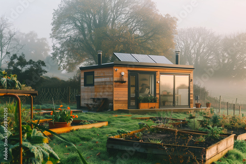 Off-Grid Wooden Tiny House with Solar Panels in a Lush Garden at Sunrise