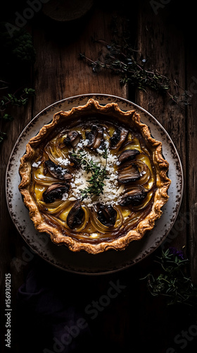 Moody Rustic Mushroom and Cheese Quiche on Wooden Table