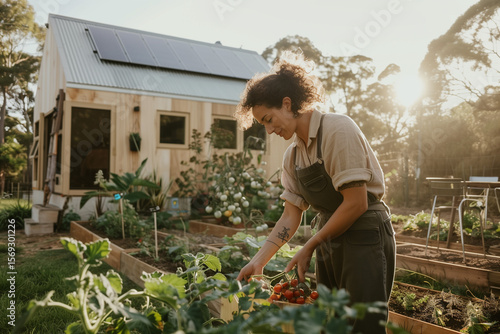 Woman Harvesting Tomatoes in a Off-Grid Backyard Garden at Sunset Near a Solar-Powered Tiny House