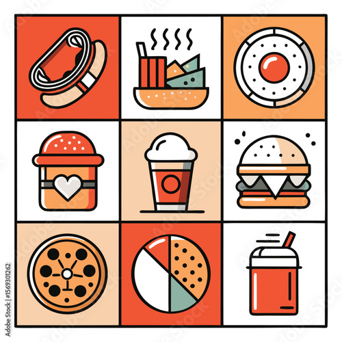 Collection of nine colorful flat design icons representing popular fast food items and drinks isolated on transparent background silhouette