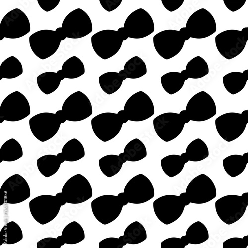 Bow. Diagonally placed bows of different sizes. Silhouette. Seamless vector pattern. Continuous ornament of cute bow ties. Isolated colorless background. Idea for web design.