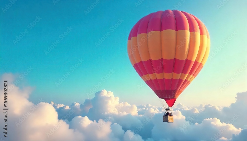 Naklejka premium Whimsical Hot Air Balloon Soaring Over Azure Sky, Puffy Clouds Below Perfect for Travel, Adventure, and Freedom Imagery