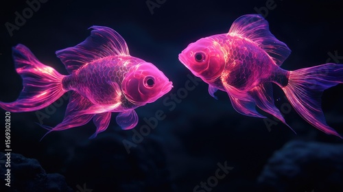 Two glowing pink fish in a dark underwater scene.
