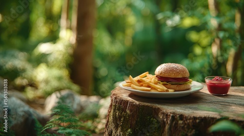 Delicious sesame burger with fries and ketchup placed on a wooden stump in a vibrant, sunlit forest, blending nature and food.