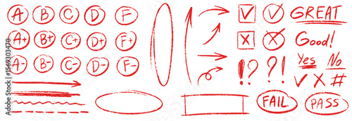 Exam grade test red pen mark. Crayon school test results different hand drawn signs. Teacher scores of student homework. Vector handwritten scribble academic symbols on white background