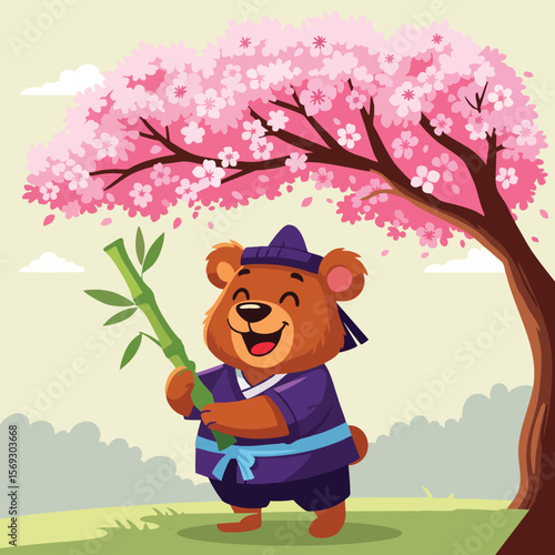 Cartoon Bear in Japanese Kimono Under Cherry Blossom Tree Illustration