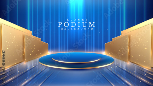 Empty podium golden on blue background with light neon effects with bokeh decorations. Luxury scene design concept. Vector illustrations.
