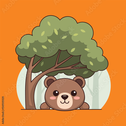 Cartoon Bear Peeking from Tree Illustration in Forest Setting